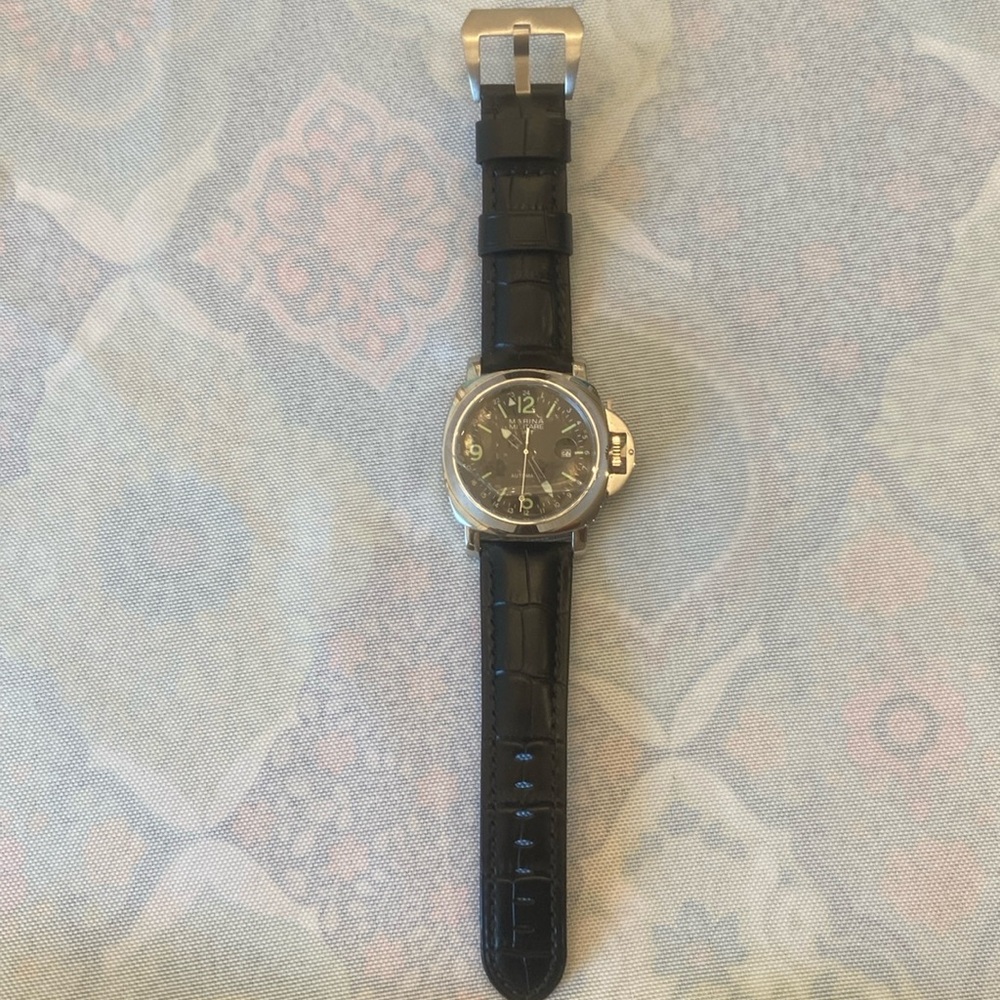 NEW PARNIS MARINA MILITARE GMT STAINLESS STEEL AUTOMATIC WATCH - LEATHER STRAP